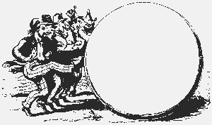Фоторамка огромный шар. Пятеро карикатурных персонажей катят перед собой огромный шар.
